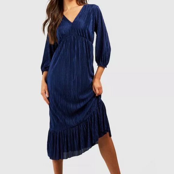 NWT Boohoo Plisse Puff Sleeve Frill Midi Dress Navy Size US 4 - Picture 1 of 4
